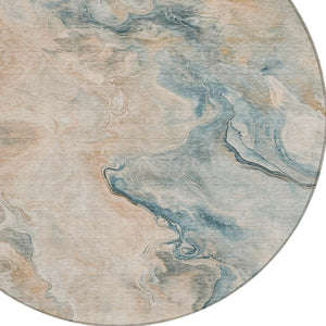 HomeRoots 5' Modern Teal Blue Coral Ivory Abstract Area Rug - Washable, Indoor/Outdoor, Stain-Resistant Design 8' Round 617586