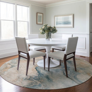 HomeRoots 5' Modern Teal Blue Coral Ivory Abstract Area Rug - Washable, Indoor/Outdoor, Stain-Resistant Design 8' Round 617586