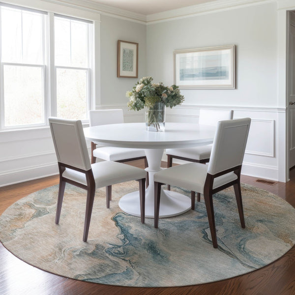 HomeRoots 5' Modern Teal Blue Coral Ivory Abstract Area Rug - Washable, Indoor/Outdoor, Stain-Resistant Design 8' Round 617586