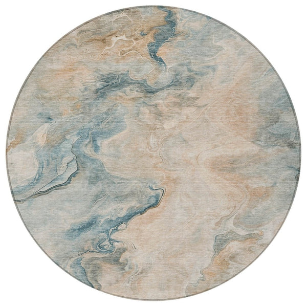 HomeRoots 5' Modern Teal Blue Coral Ivory Abstract Area Rug - Washable, Indoor/Outdoor, Stain-Resistant Design 8' Round 617586