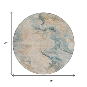 HomeRoots 5' Modern Teal Blue Coral Ivory Abstract Area Rug - Washable, Indoor/Outdoor, Stain-Resistant Design 8' Round 617586