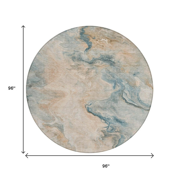 HomeRoots 5' Modern Teal Blue Coral Ivory Abstract Area Rug - Washable, Indoor/Outdoor, Stain-Resistant Design 8' Round 617586
