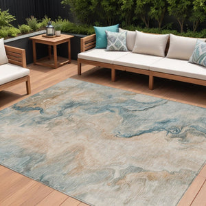 HomeRoots 5' Modern Teal Blue Coral Ivory Abstract Area Rug - Washable, Indoor/Outdoor, Stain-Resistant Design 8' X 10' 617587