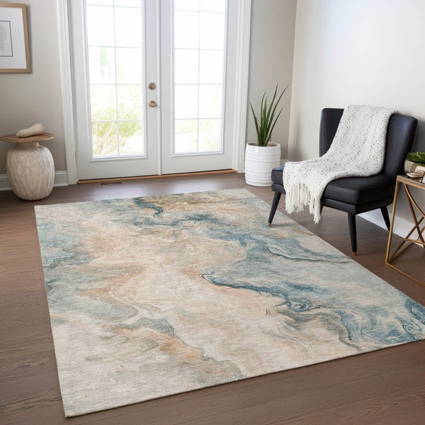 HomeRoots 5' Modern Teal Blue Coral Ivory Abstract Area Rug - Washable, Indoor/Outdoor, Stain-Resistant Design 8' X 10' 617587