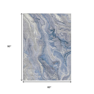 HomeRoots 5' Denim Blue and Ivory Abstract Washable Area Rug – Stylish, Durable, and Ideal for Indoor/Outdoor Use 5' X 8' 617597