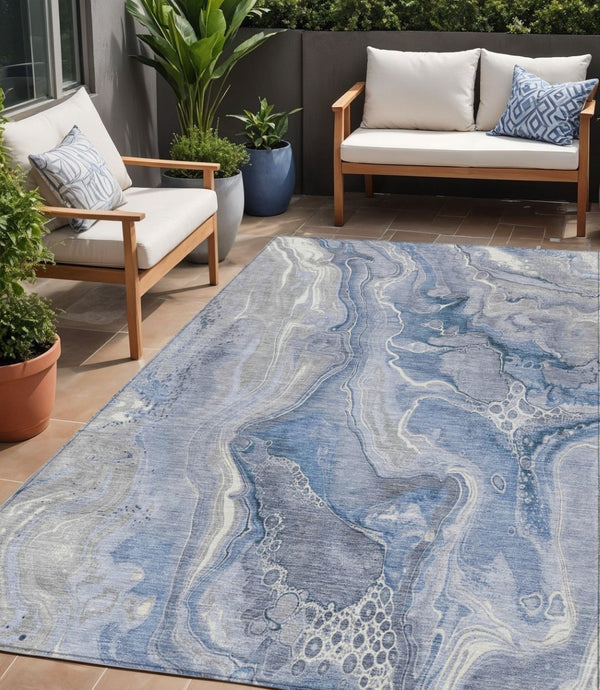 HomeRoots 5' Denim Blue and Ivory Abstract Washable Area Rug – Stylish, Durable, and Ideal for Indoor/Outdoor Use 5' X 8' 617597