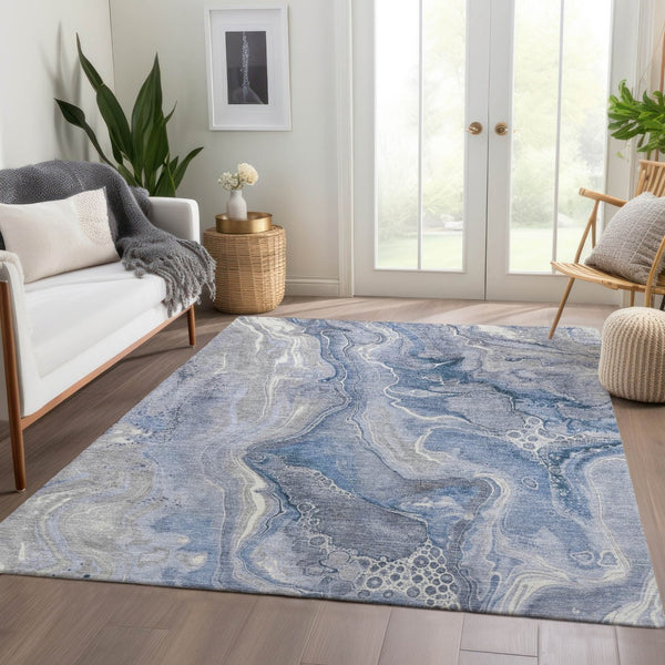 HomeRoots 5' Denim Blue and Ivory Abstract Washable Area Rug – Stylish, Durable, and Ideal for Indoor/Outdoor Use 5' X 8' 617597