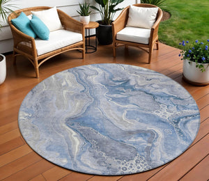 HomeRoots 5' Denim Blue and Ivory Abstract Washable Area Rug – Stylish, Durable, and Ideal for Indoor/Outdoor Use 8' Round 617598
