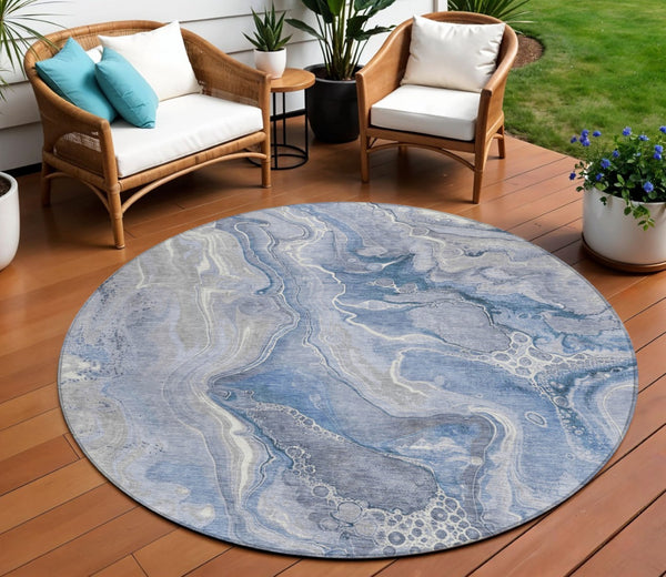 HomeRoots 5' Denim Blue and Ivory Abstract Washable Area Rug – Stylish, Durable, and Ideal for Indoor/Outdoor Use 8' Round 617598