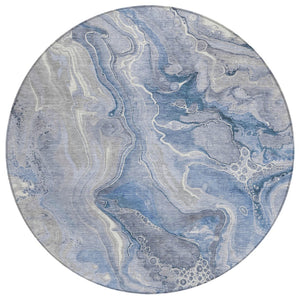 HomeRoots 5' Denim Blue and Ivory Abstract Washable Area Rug – Stylish, Durable, and Ideal for Indoor/Outdoor Use 8' Round 617598