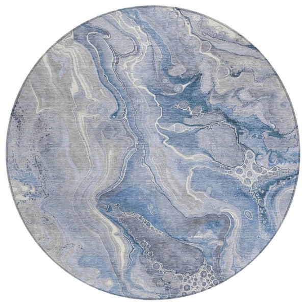 HomeRoots 5' Denim Blue and Ivory Abstract Washable Area Rug – Stylish, Durable, and Ideal for Indoor/Outdoor Use 8' Round 617598