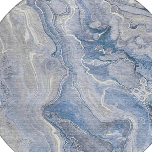 HomeRoots 5' Denim Blue and Ivory Abstract Washable Area Rug – Stylish, Durable, and Ideal for Indoor/Outdoor Use 8' Round 617598