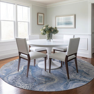 HomeRoots 5' Denim Blue and Ivory Abstract Washable Area Rug – Stylish, Durable, and Ideal for Indoor/Outdoor Use 8' Round 617598