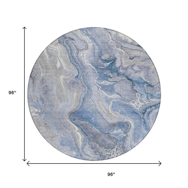 HomeRoots 5' Denim Blue and Ivory Abstract Washable Area Rug – Stylish, Durable, and Ideal for Indoor/Outdoor Use 8' Round 617598