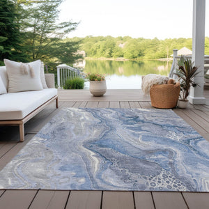 HomeRoots 5' Denim Blue and Ivory Abstract Washable Area Rug – Stylish, Durable, and Ideal for Indoor/Outdoor Use 8' X 10' 617599