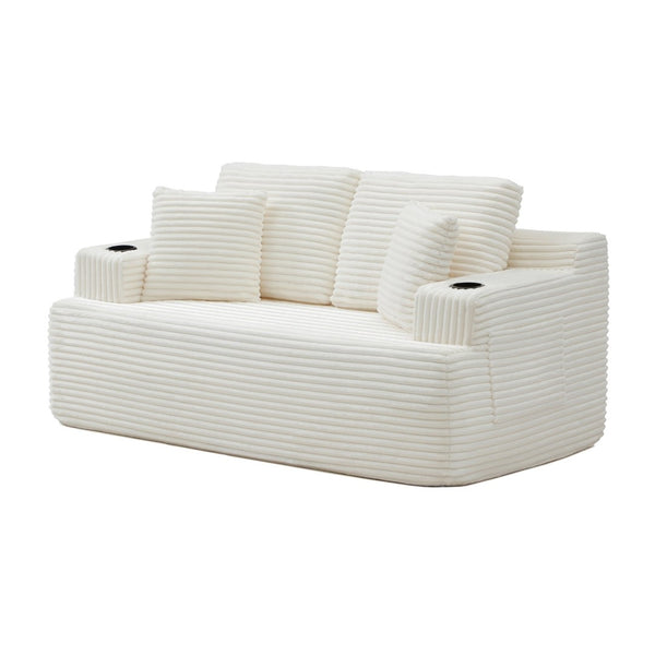 English Elm Boneless Floor Sofa Corduroy Upholstered 5 Seat Low Profile with Cup Holders for Living Room Beige W1117S00437
