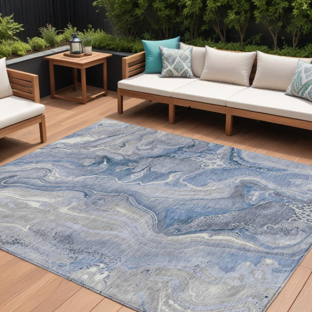 HomeRoots 5' Denim Blue and Ivory Abstract Washable Area Rug – Stylish, Durable, and Ideal for Indoor/Outdoor Use 9' X 12' 617600