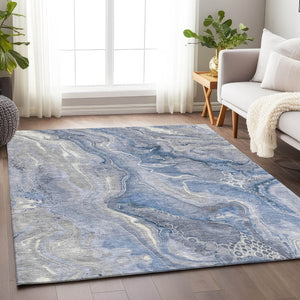 HomeRoots 5' Denim Blue and Ivory Abstract Washable Area Rug – Stylish, Durable, and Ideal for Indoor/Outdoor Use 9' X 12' 617600