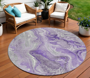 HomeRoots 5' Purple and Ivory Abstract Washable Area Rug - Stylish, Durable, and Ideal for Indoor or Outdoor Use 8' Round 617604