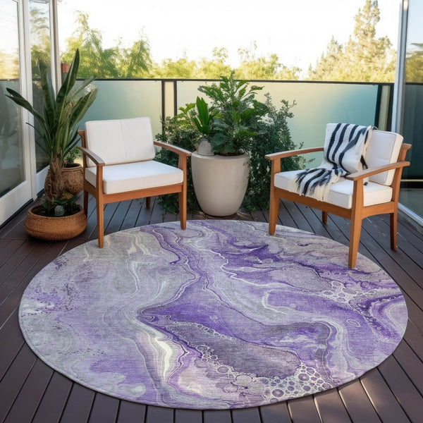 HomeRoots 5' Purple and Ivory Abstract Washable Area Rug - Stylish, Durable, and Ideal for Indoor or Outdoor Use 8' Round 617604