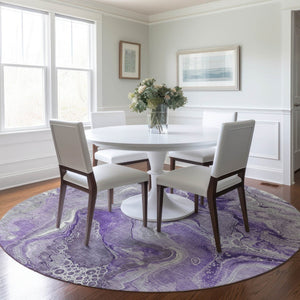 HomeRoots 5' Purple and Ivory Abstract Washable Area Rug - Stylish, Durable, and Ideal for Indoor or Outdoor Use 8' Round 617604