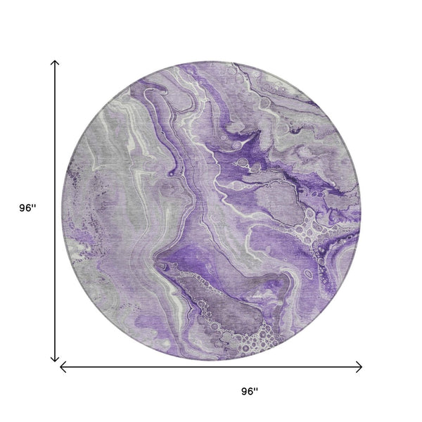 HomeRoots 5' Purple and Ivory Abstract Washable Area Rug - Stylish, Durable, and Ideal for Indoor or Outdoor Use 8' Round 617604