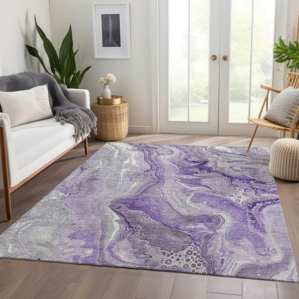 HomeRoots 5' Purple and Ivory Abstract Washable Area Rug - Stylish, Durable, and Ideal for Indoor or Outdoor Use 8' X 10' 617605