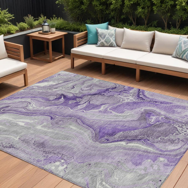 HomeRoots 5' Purple and Ivory Abstract Washable Area Rug - Stylish, Durable, and Ideal for Indoor or Outdoor Use 9' X 12' 617606