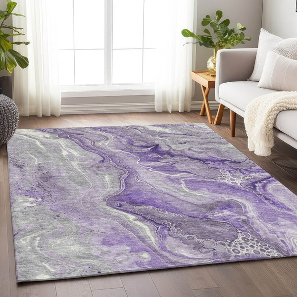 HomeRoots 5' Purple and Ivory Abstract Washable Area Rug - Stylish, Durable, and Ideal for Indoor or Outdoor Use 10' X 14' 617607