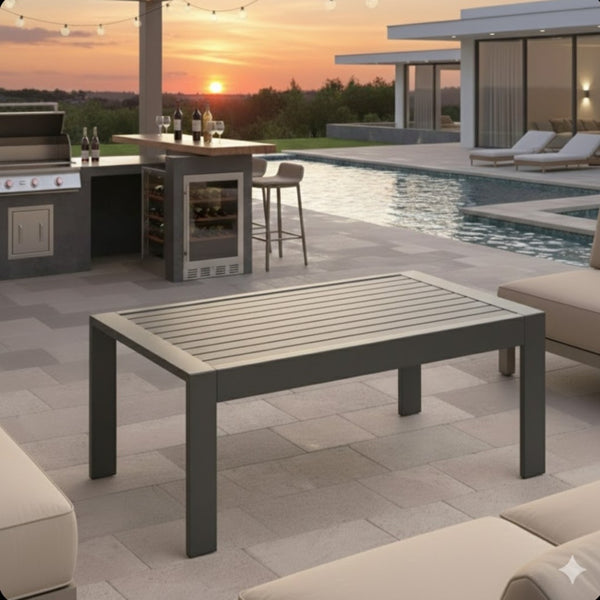 English Elm 43" Outdoor Coffee Table with Wood Grain Top on Powder Coated Iron for Patio Lounging Gray B082P455180