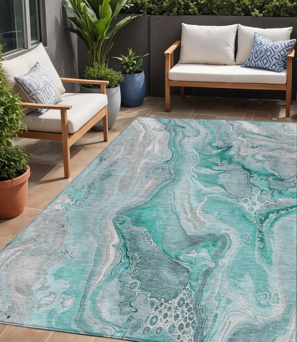 HomeRoots 5' Teal Blue and Ivory Abstract Area Rug - Durable, Washable Design for Indoor and Outdoor Spaces 5' X 8' 617615
