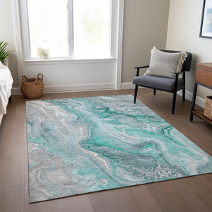 HomeRoots 5' Teal Blue and Ivory Abstract Area Rug - Durable, Washable Design for Indoor and Outdoor Spaces 5' X 8' 617615
