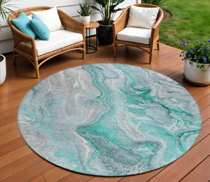 HomeRoots 5' Teal Blue and Ivory Abstract Area Rug - Durable, Washable Design for Indoor and Outdoor Spaces 8' Round 617616