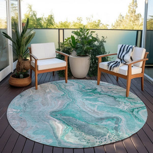 HomeRoots 5' Teal Blue and Ivory Abstract Area Rug - Durable, Washable Design for Indoor and Outdoor Spaces 8' Round 617616