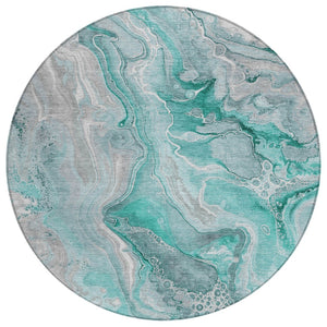 HomeRoots 5' Teal Blue and Ivory Abstract Area Rug - Durable, Washable Design for Indoor and Outdoor Spaces 8' Round 617616