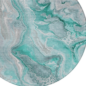 HomeRoots 5' Teal Blue and Ivory Abstract Area Rug - Durable, Washable Design for Indoor and Outdoor Spaces 8' Round 617616