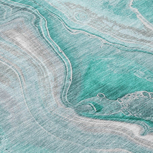 HomeRoots 5' Teal Blue and Ivory Abstract Area Rug - Durable, Washable Design for Indoor and Outdoor Spaces 8' Round 617616