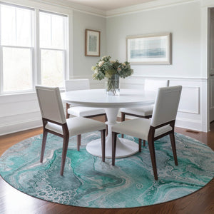 HomeRoots 5' Teal Blue and Ivory Abstract Area Rug - Durable, Washable Design for Indoor and Outdoor Spaces 8' Round 617616