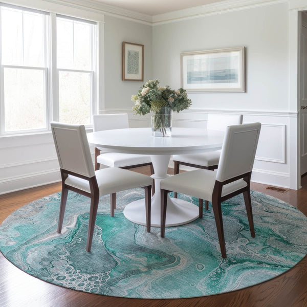 HomeRoots 5' Teal Blue and Ivory Abstract Area Rug - Durable, Washable Design for Indoor and Outdoor Spaces 8' Round 617616