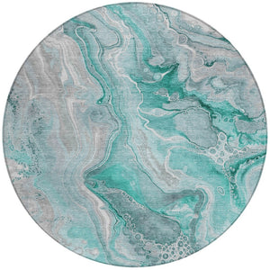 HomeRoots 5' Teal Blue and Ivory Abstract Area Rug - Durable, Washable Design for Indoor and Outdoor Spaces 8' Round 617616