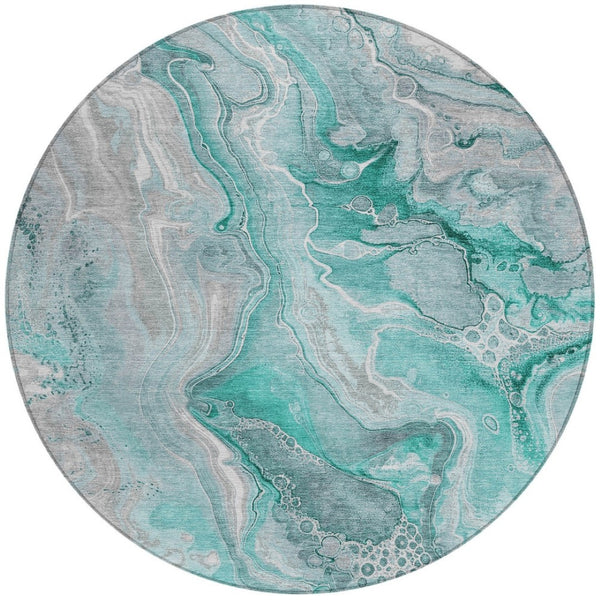 HomeRoots 5' Teal Blue and Ivory Abstract Area Rug - Durable, Washable Design for Indoor and Outdoor Spaces 8' Round 617616
