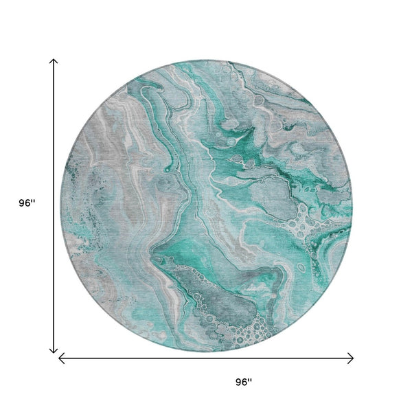 HomeRoots 5' Teal Blue and Ivory Abstract Area Rug - Durable, Washable Design for Indoor and Outdoor Spaces 8' Round 617616