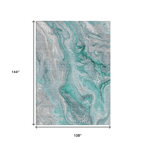 HomeRoots 9' Teal Blue & Ivory Abstract Washable Area Rug - Stylish, Durable for Indoor & Outdoor Spaces! 617618