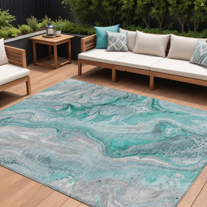 HomeRoots 9' Teal Blue & Ivory Abstract Washable Area Rug - Stylish, Durable for Indoor & Outdoor Spaces! 617618