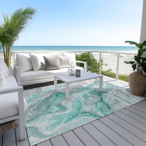 HomeRoots 9' Teal Blue & Ivory Abstract Washable Area Rug - Stylish, Durable for Indoor & Outdoor Spaces! 617618