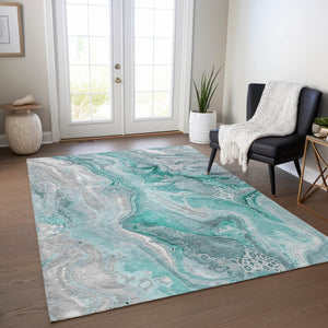 HomeRoots 9' Teal Blue & Ivory Abstract Washable Area Rug - Stylish, Durable for Indoor & Outdoor Spaces! 617618