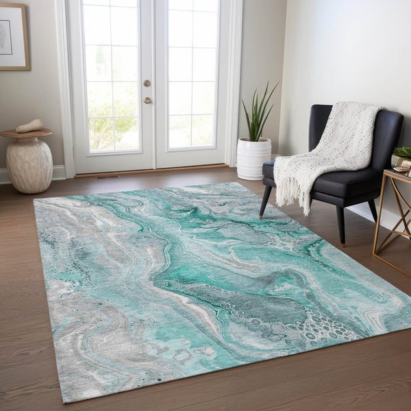 HomeRoots 9' Teal Blue & Ivory Abstract Washable Area Rug - Stylish, Durable for Indoor & Outdoor Spaces! 617618