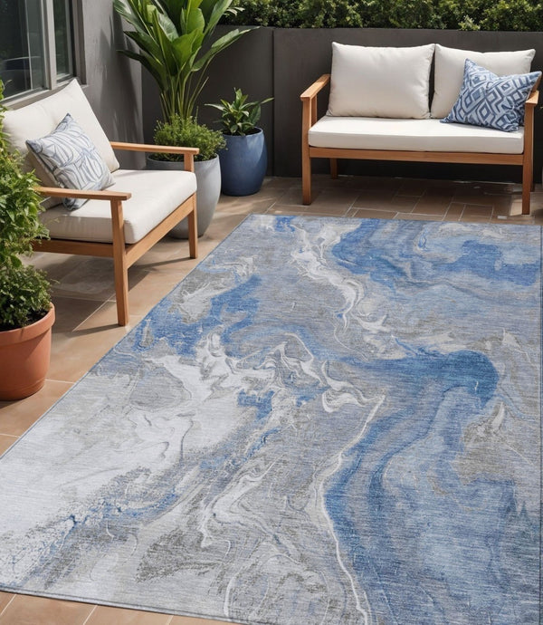 HomeRoots 5' Blue and Ivory Abstract Area Rug - Washable, Durable Indoor-Outdoor Design for Modern Spaces 5' X 8' 617621