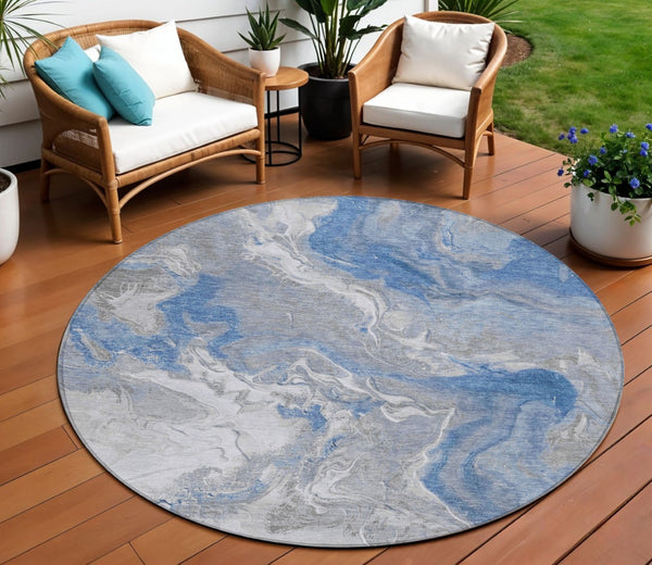 HomeRoots 5' Blue and Ivory Abstract Area Rug - Washable, Durable Indoor-Outdoor Design for Modern Spaces 8' Round 617622