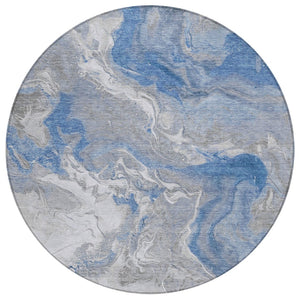 HomeRoots 5' Blue and Ivory Abstract Area Rug - Washable, Durable Indoor-Outdoor Design for Modern Spaces 8' Round 617622